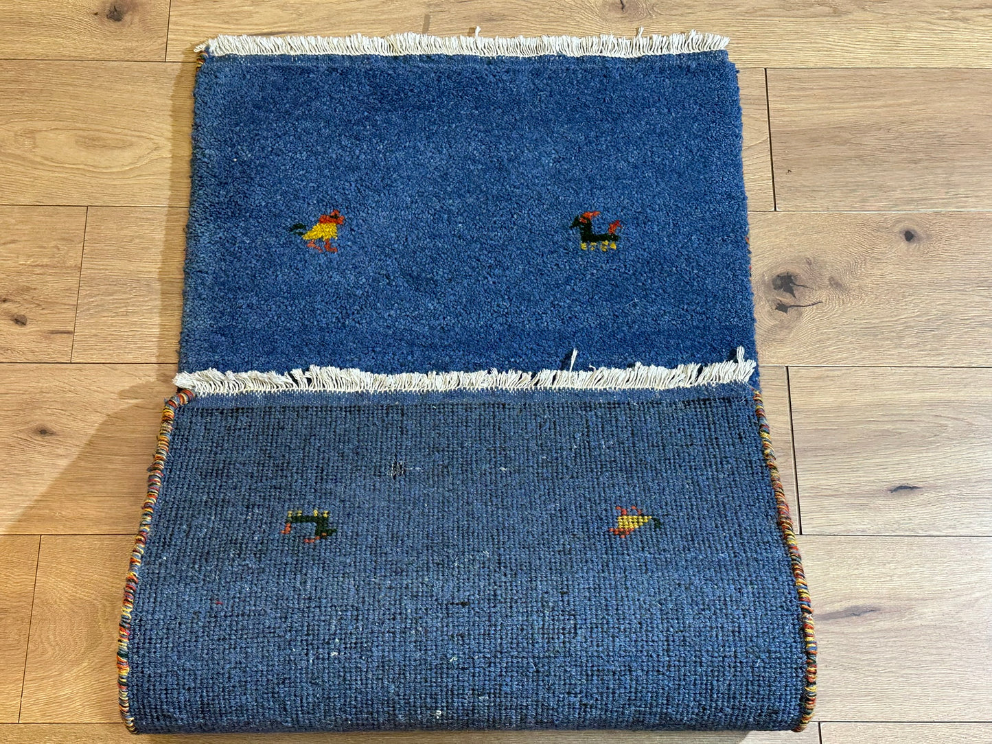 Indischer Gabbeh Orientteppich Handgeknüpft Blau Tiermotive 125x65 cm