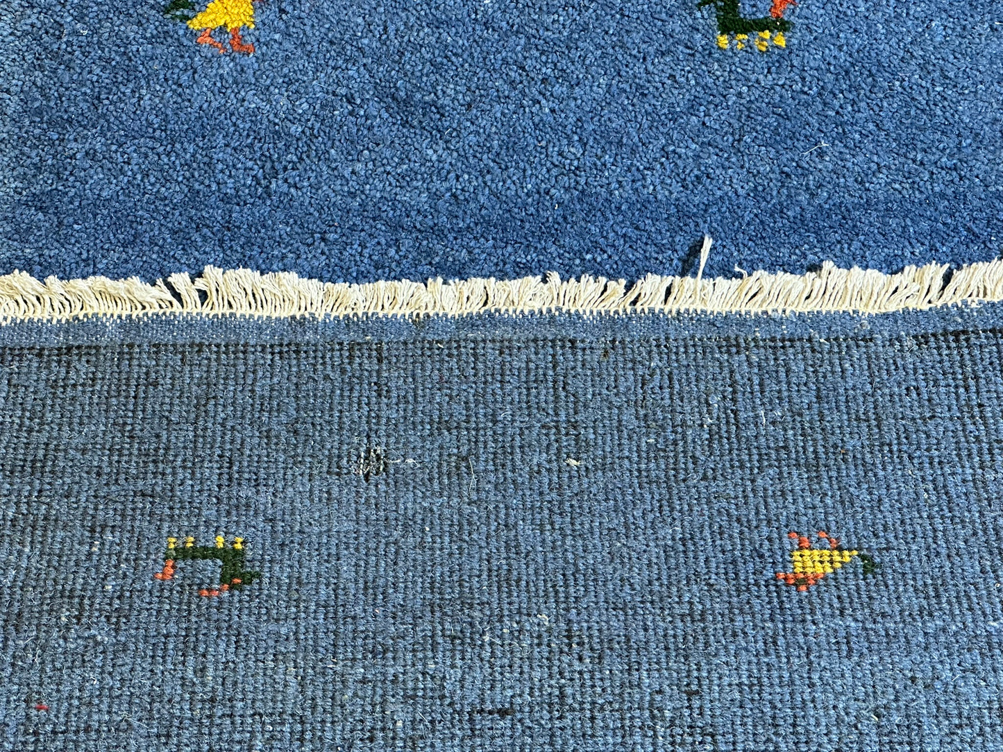 Indischer Gabbeh Orientteppich Handgeknüpft Blau Tiermotive 125x65 cm