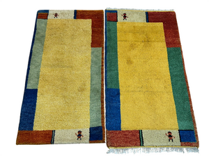Indisches Gabbeh Teppich 2er Set Handgeknüpft Gelb Bunt 138x76 / 136x70 cm