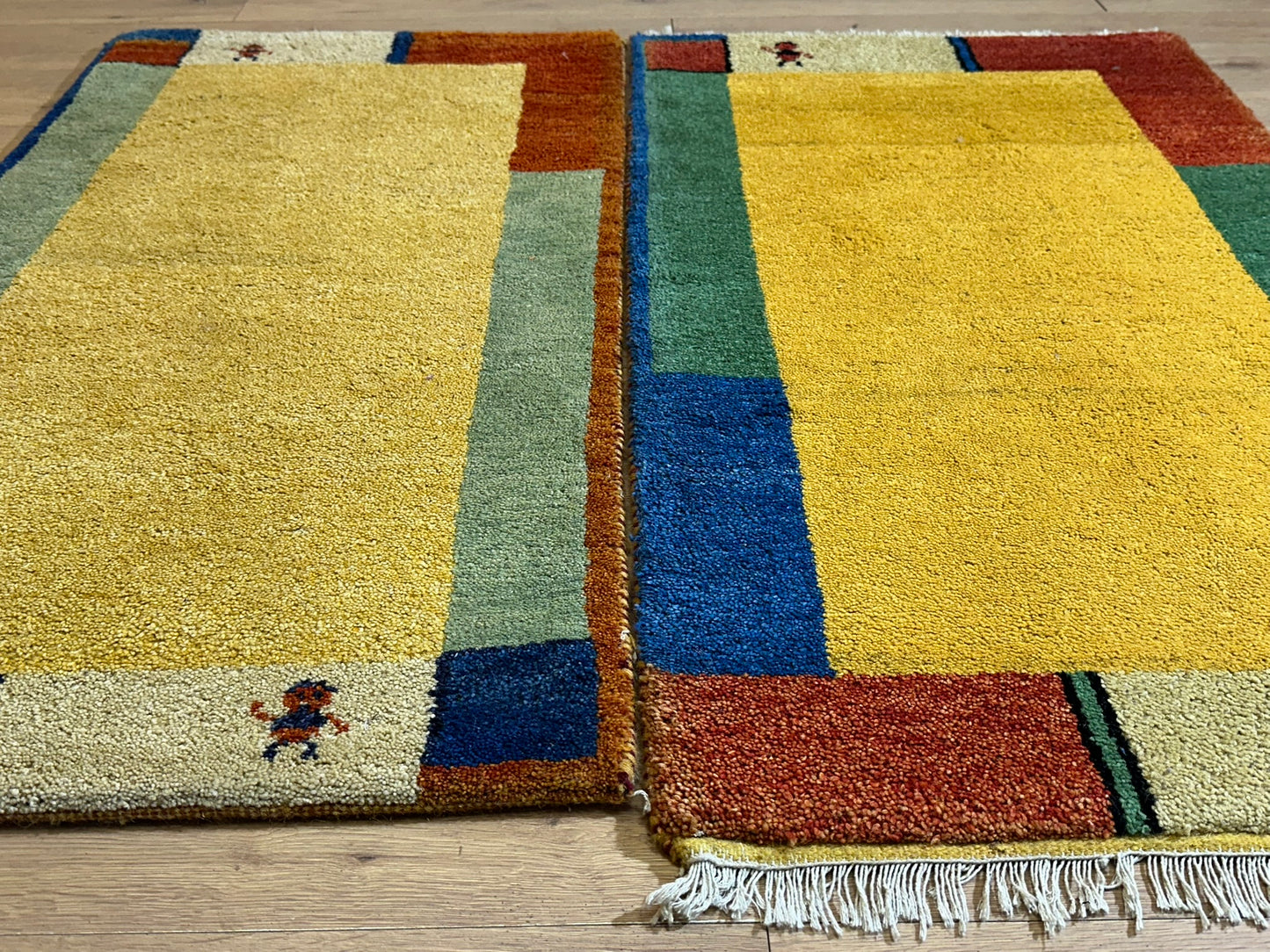 Indisches Gabbeh Teppich 2er Set Handgeknüpft Gelb Bunt 138x76 / 136x70 cm