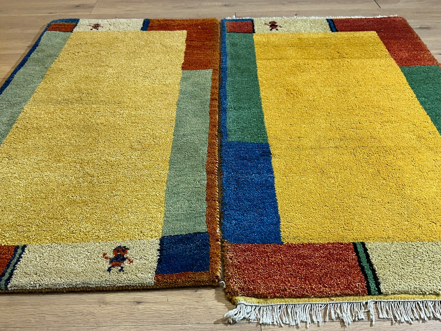 Indisches Gabbeh Teppich 2er Set Handgeknüpft Gelb Bunt 138x76 / 136x70 cm