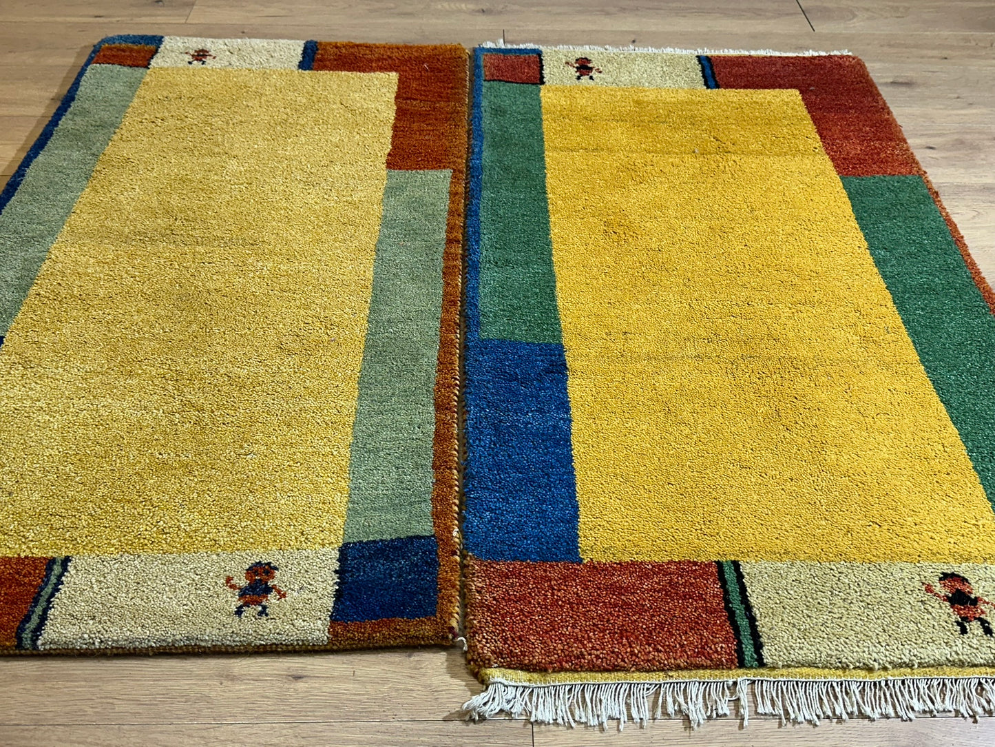 Indisches Gabbeh Teppich 2er Set Handgeknüpft Gelb Bunt 138x76 / 136x70 cm