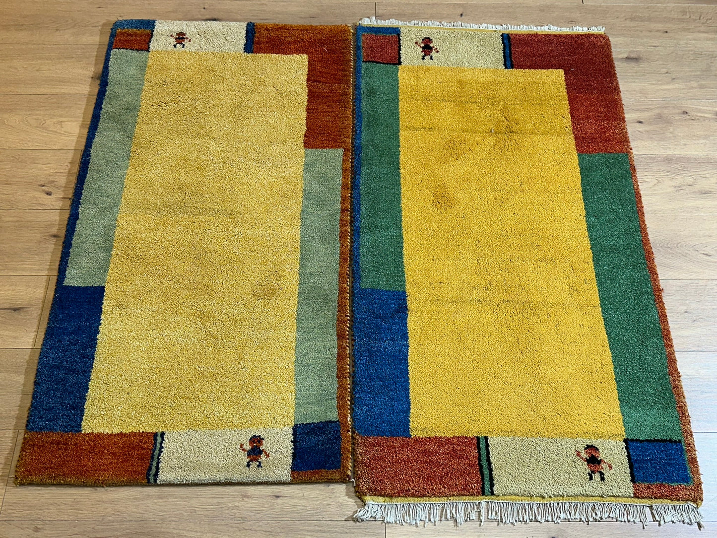 Indisches Gabbeh Teppich 2er Set Handgeknüpft Gelb Bunt 138x76 / 136x70 cm