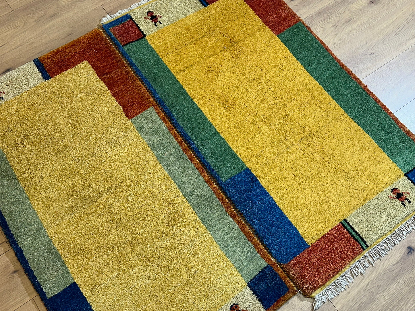 Indisches Gabbeh Teppich 2er Set Handgeknüpft Gelb Bunt 138x76 / 136x70 cm