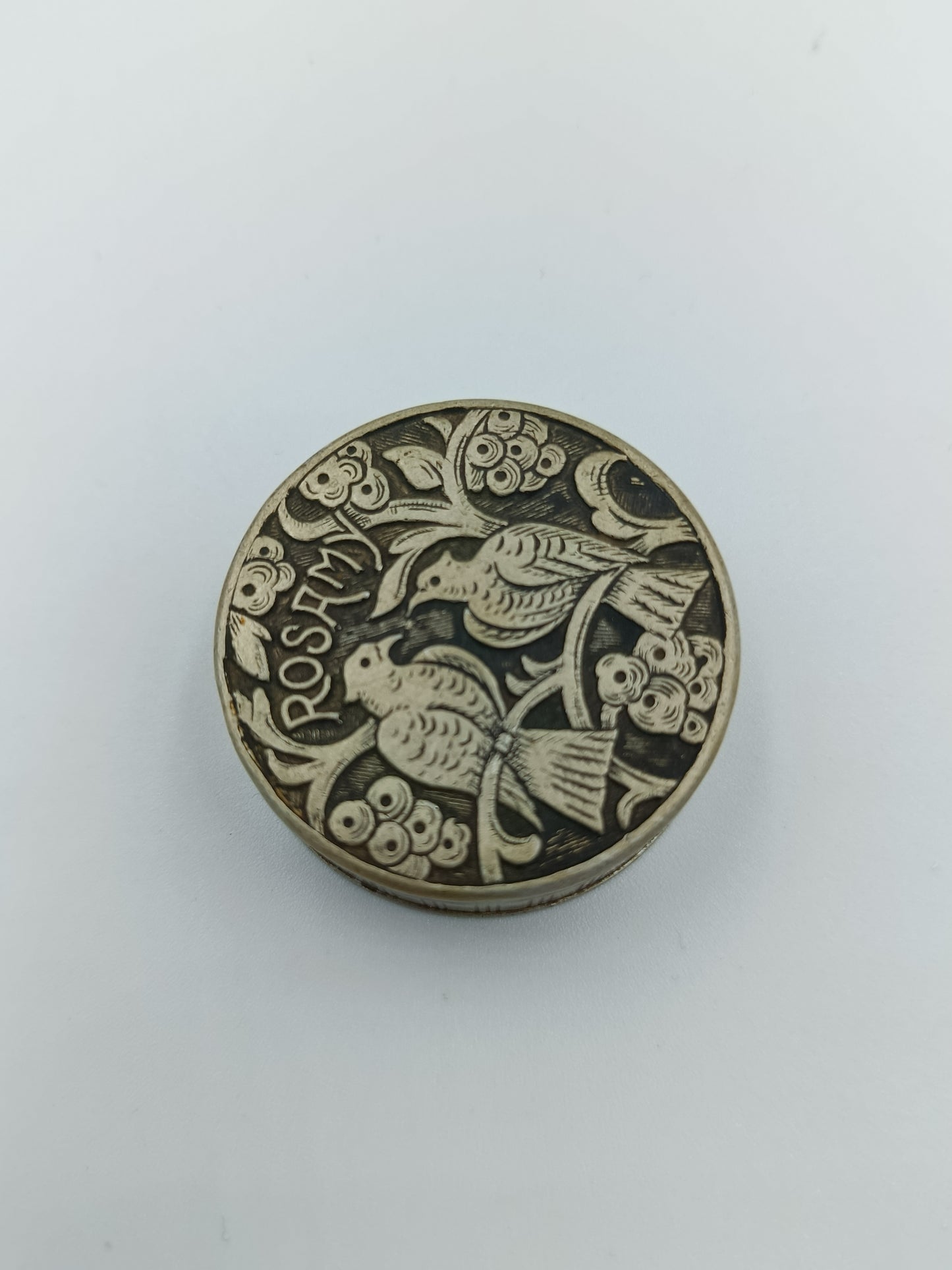 Runde Vintage-Dose „ROSAMY“ mit Vogelmotiv
