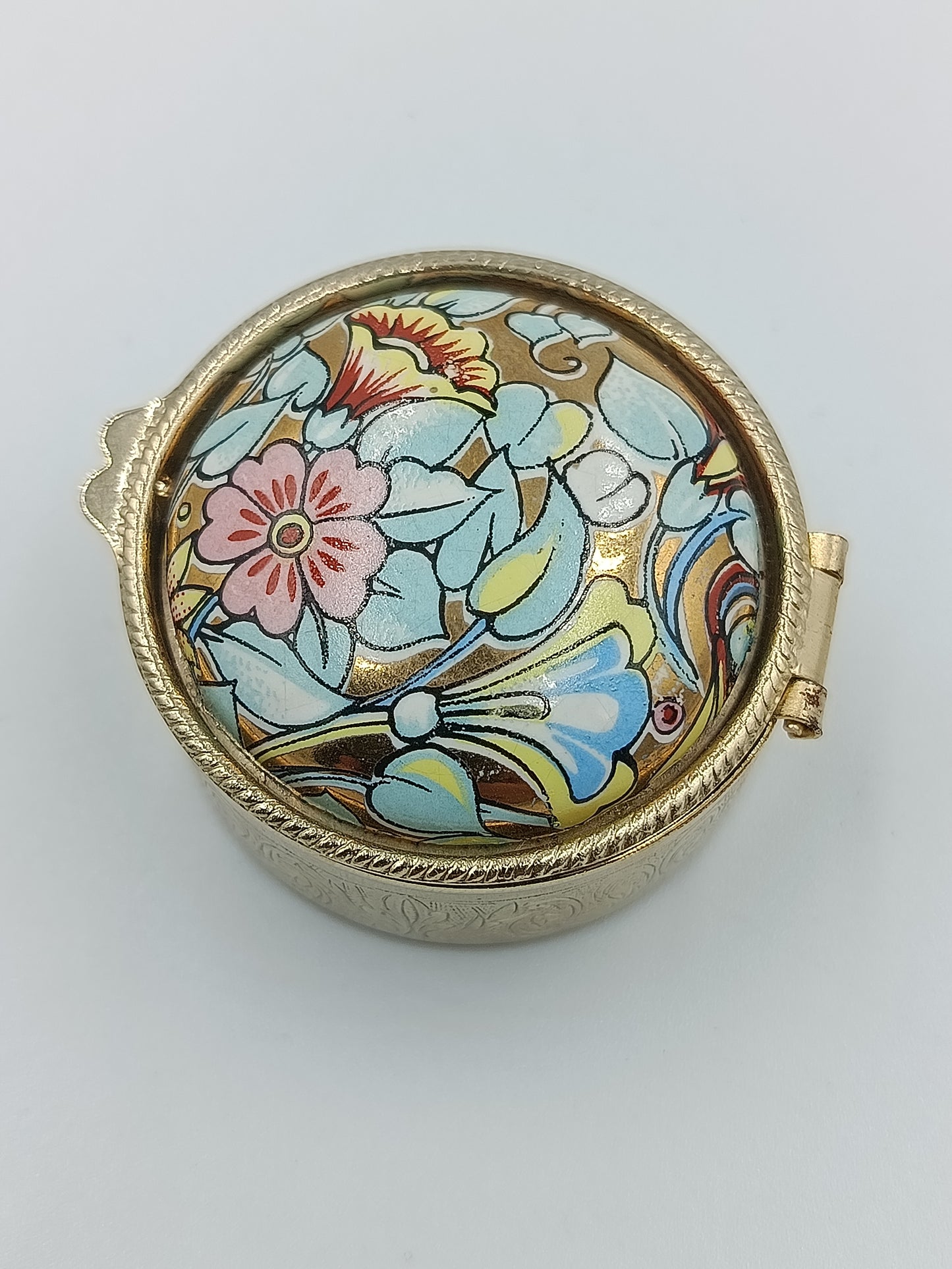 Runde Schmuckdose mit floraler Emaille