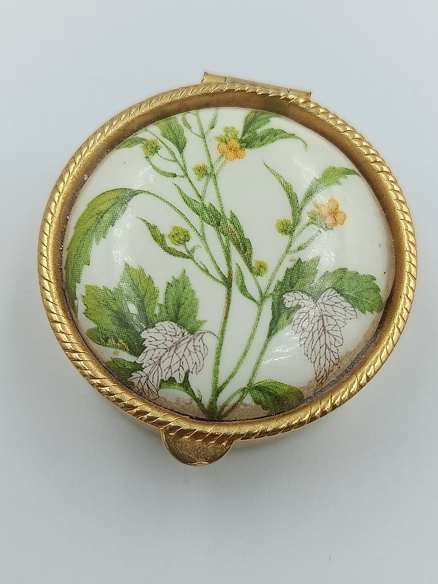 Runde Vintage-Porzellandose mit zarten grünen Blättern