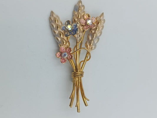 Goldfarbene Ähren-Brosche mit Emailblüten