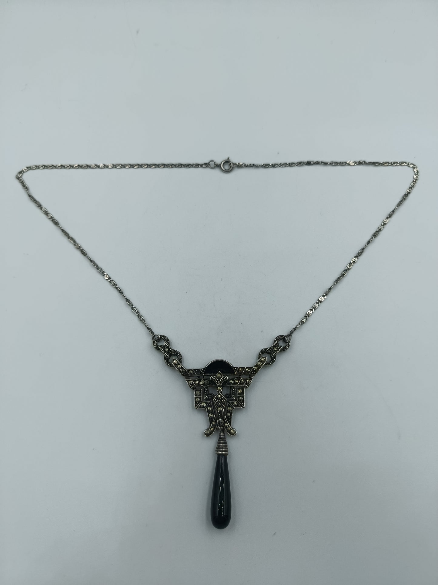 925 Silber Kette mit Onyx-Tropfen & Markasit