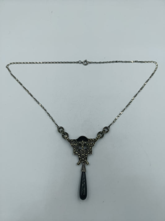 925 Silber Kette mit Onyx-Tropfen & Markasit