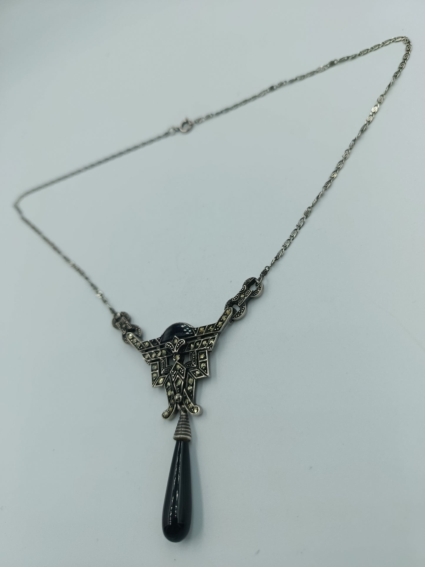 925 Silber Kette mit Onyx-Tropfen & Markasit