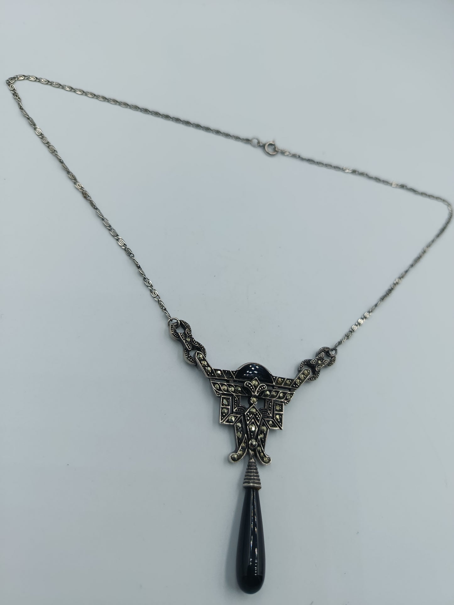 925 Silber Kette mit Onyx-Tropfen & Markasit