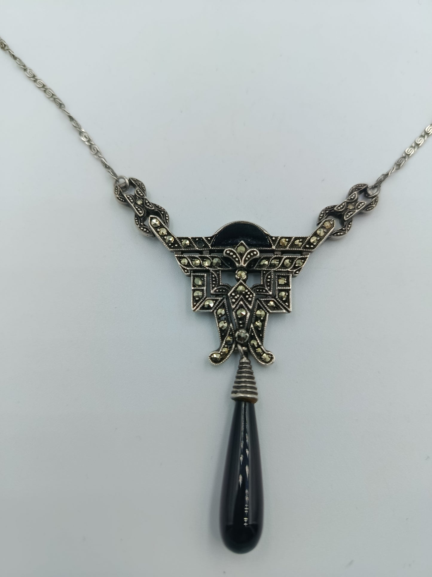 925 Silber Kette mit Onyx-Tropfen & Markasit