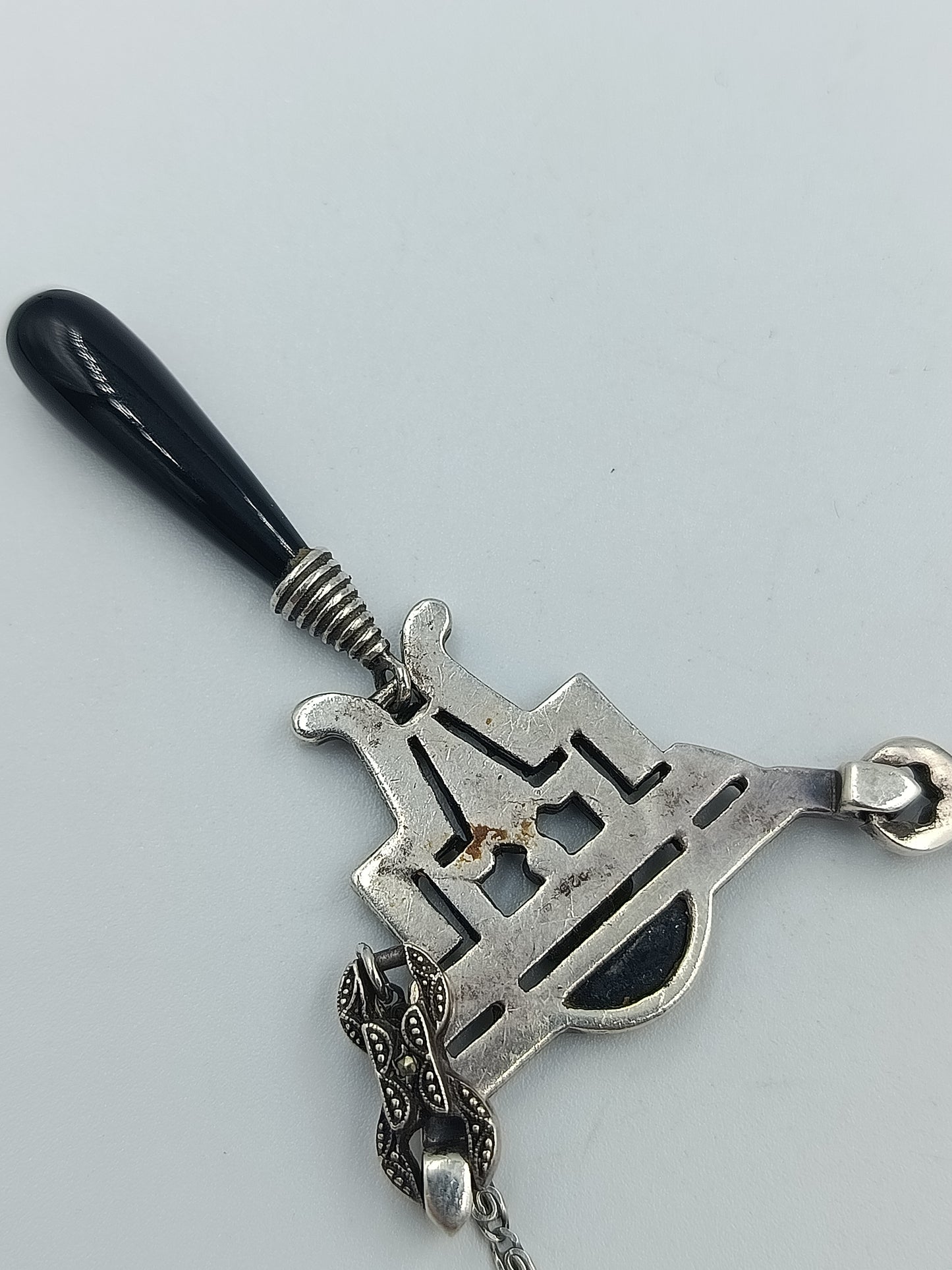 925 Silber Kette mit Onyx-Tropfen & Markasit