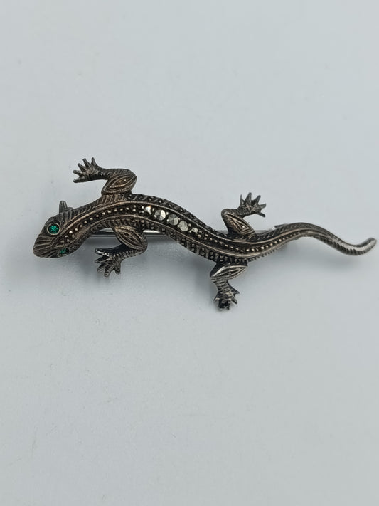 835er Silber Echsen-Brosche mit Markasiten