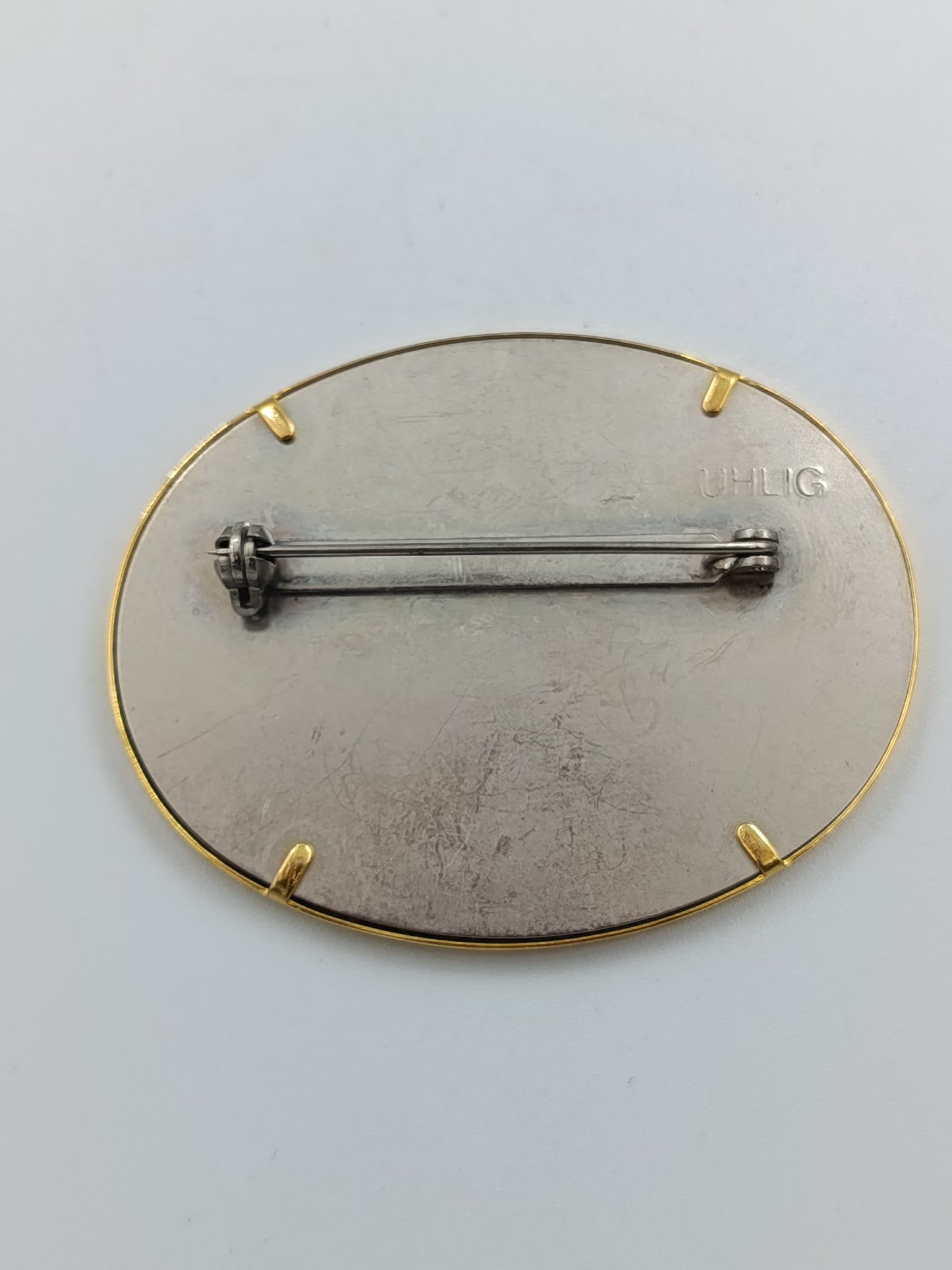 Künstlerische Emaille-Brosche von Uhlig mit Vogelmotiv