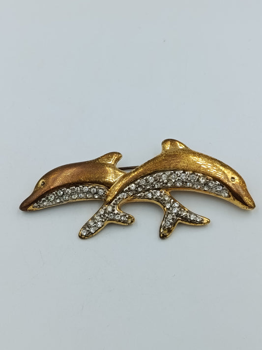 Goldfarbene Brosche „Delfine“ mit Strass