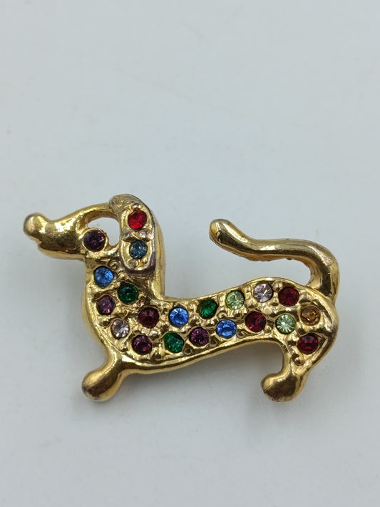 Goldfarbene Brosche „Dackel“ mit bunten Strasssteinen