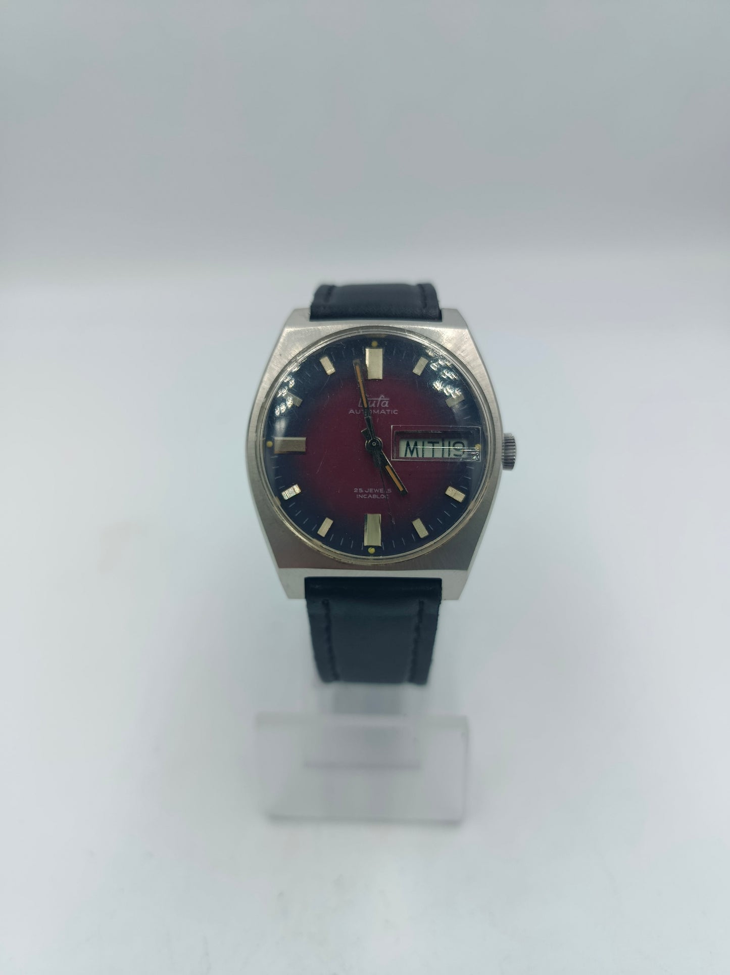 Armbanduhr Eula Automatic 25 Jewels Incabloc Rot Schwarz Edelstahl Vintage