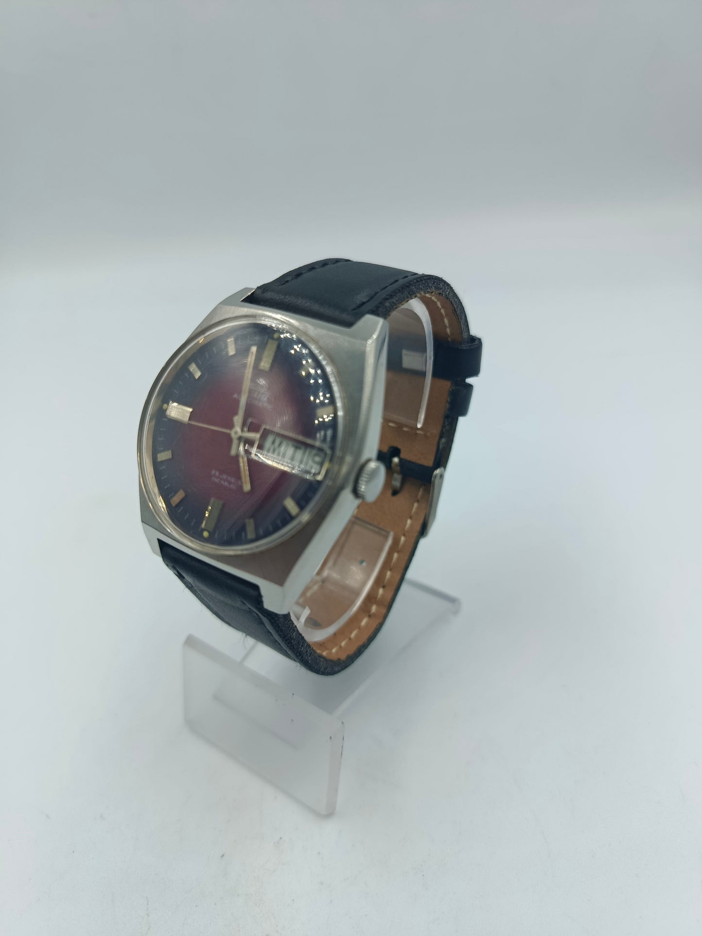 Armbanduhr Eula Automatic 25 Jewels Incabloc Rot Schwarz Edelstahl Vintage