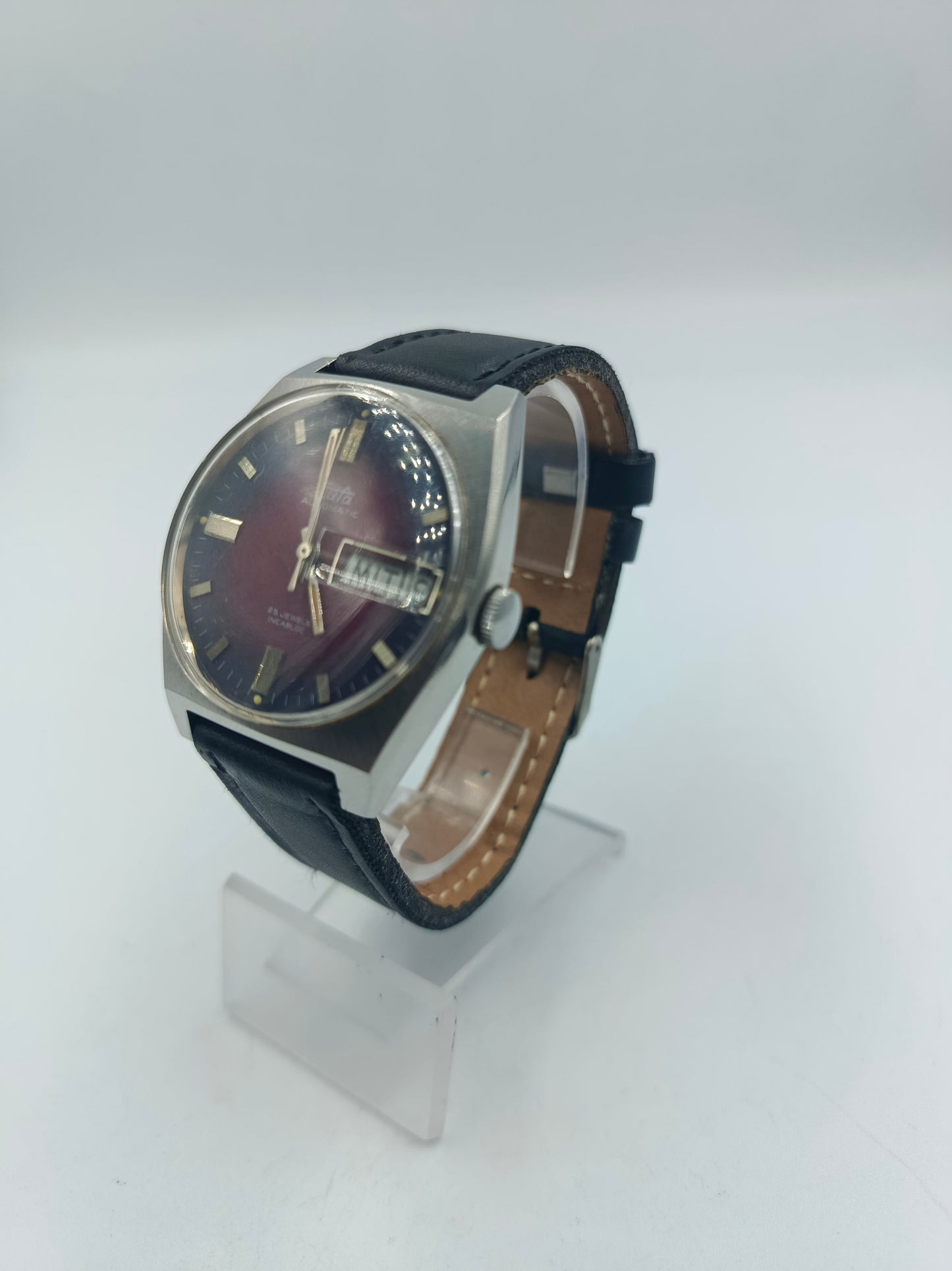 Armbanduhr Eula Automatic 25 Jewels Incabloc Rot Schwarz Edelstahl Vintage