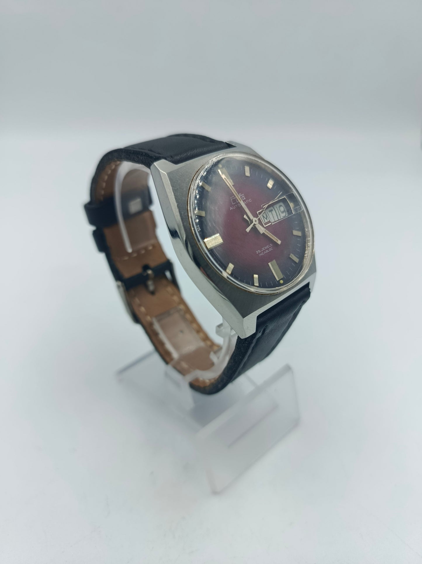 Armbanduhr Eula Automatic 25 Jewels Incabloc Rot Schwarz Edelstahl Vintage