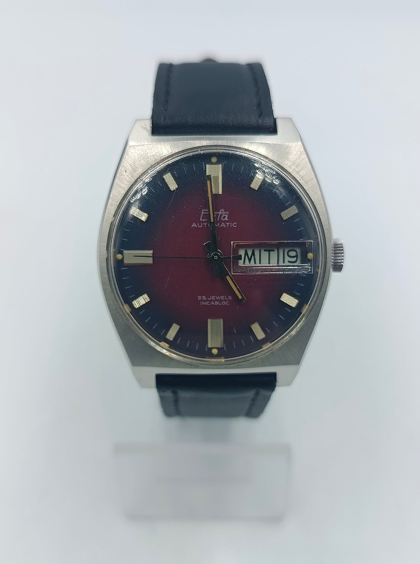Armbanduhr Eula Automatic 25 Jewels Incabloc Rot Schwarz Edelstahl Vintage