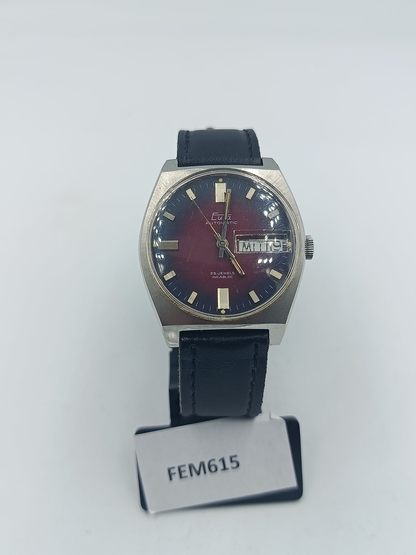 Armbanduhr Eula Automatic 25 Jewels Incabloc Rot Schwarz Edelstahl Vintage