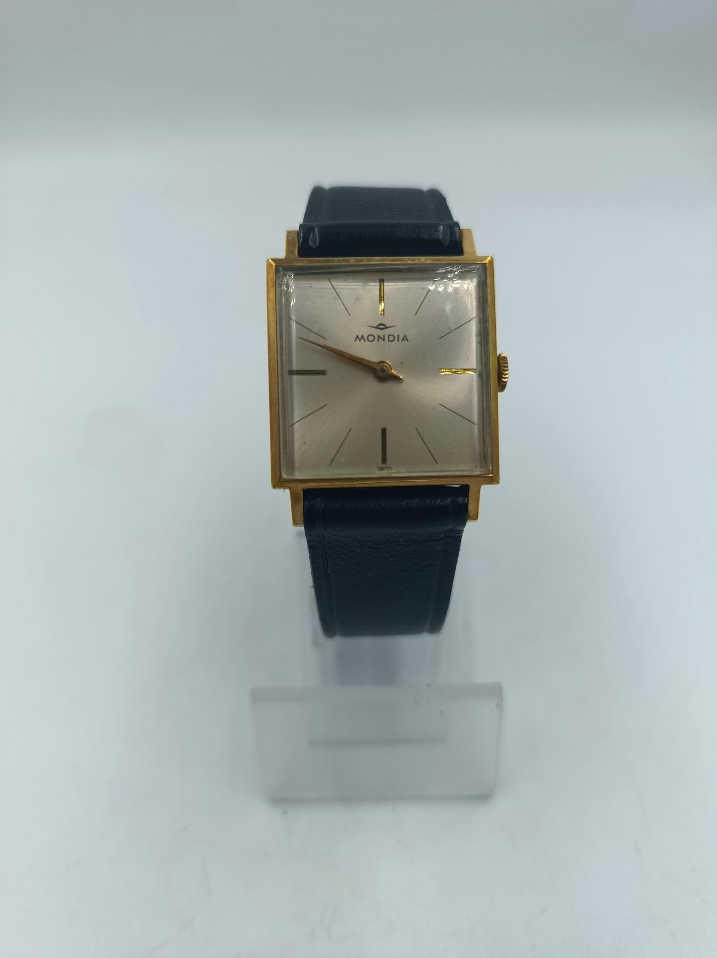 Mondia Swiss Vintage Herren Armbanduhr Rechteck Handaufzug Goldoptik Lederband