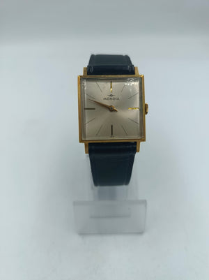 Mondia Swiss Vintage Herren Armbanduhr Rechteck Handaufzug Goldoptik Lederband