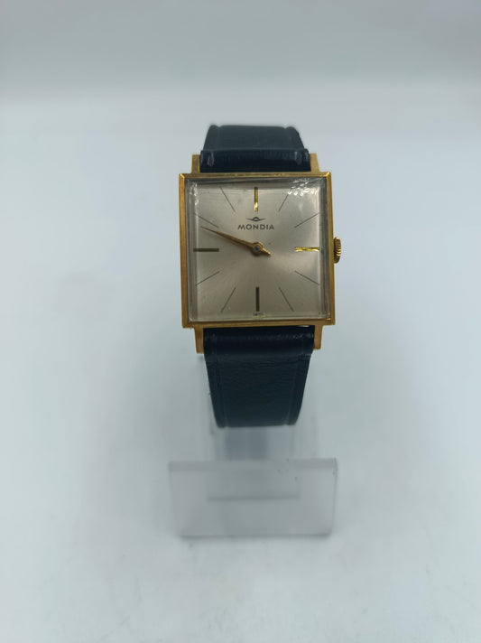 Mondia Swiss Vintage Herren Armbanduhr Rechteck Handaufzug Goldoptik Lederband