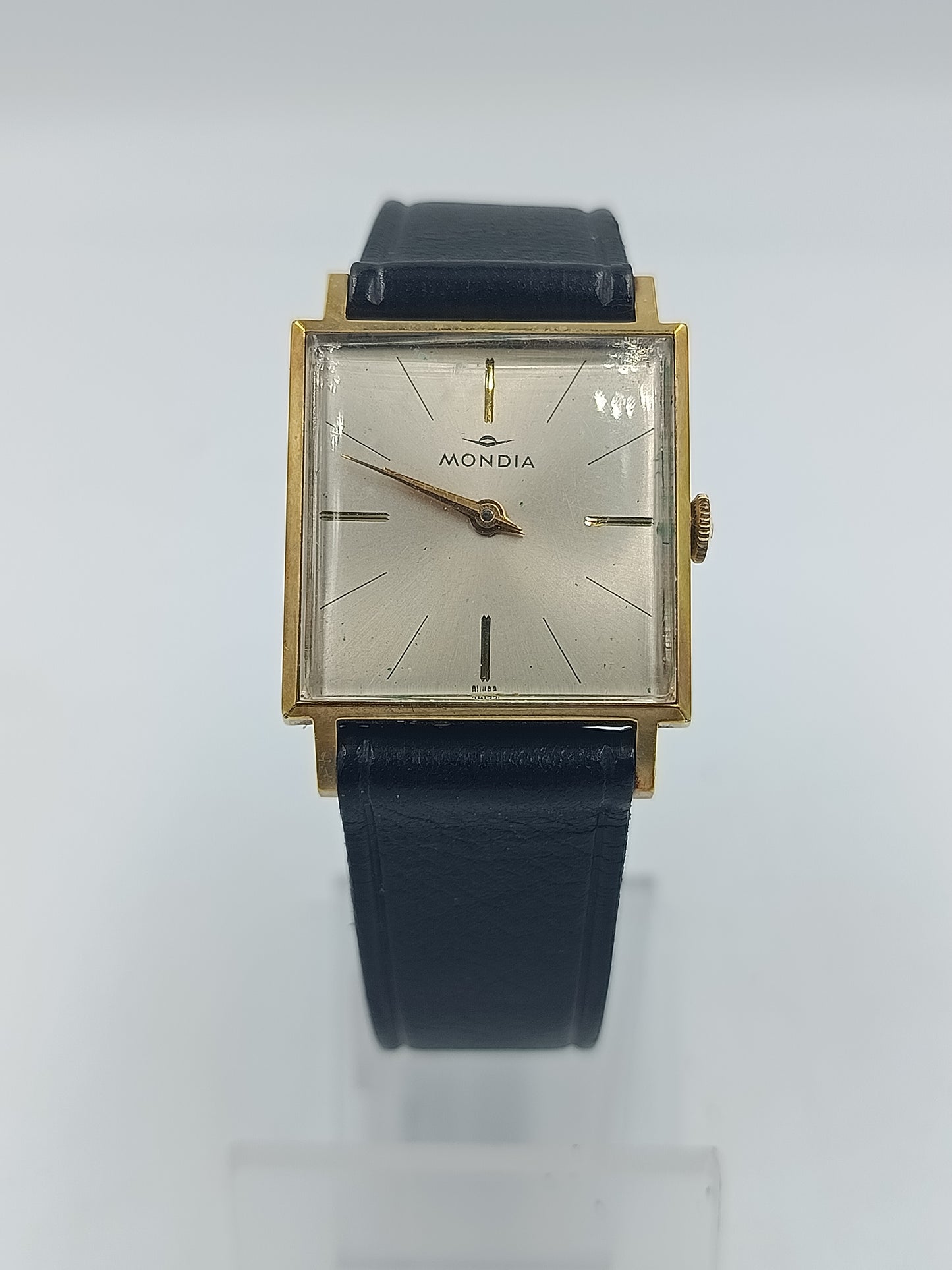 Mondia Swiss Vintage Herren Armbanduhr Rechteck Handaufzug Goldoptik Lederband