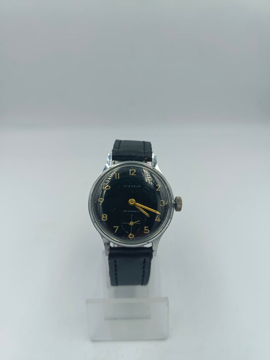 Kienzle Herren Armbanduhr Vintage Handaufzug Schwarz Gold Antimagnetic Lederband