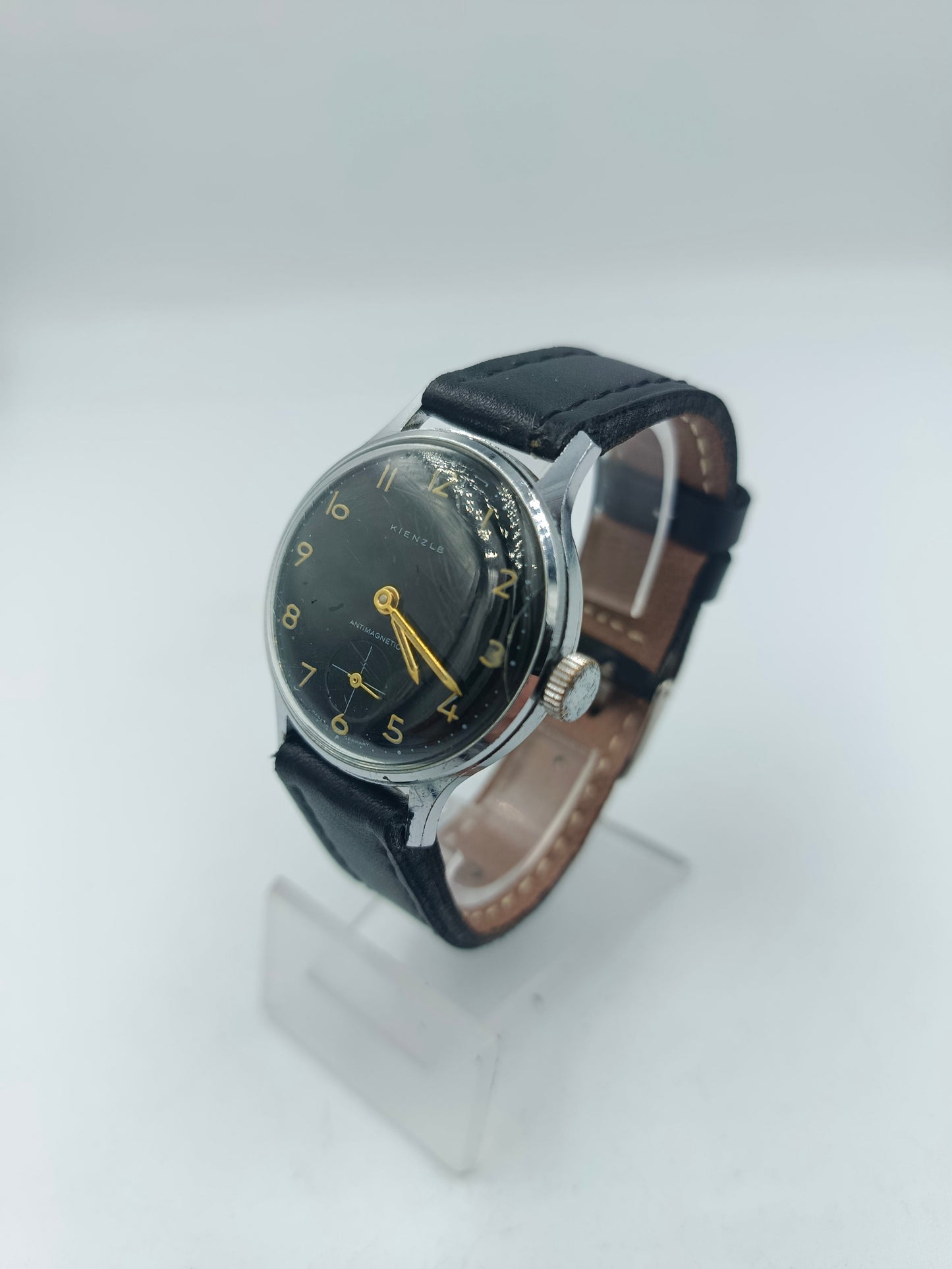 Kienzle Herren Armbanduhr Vintage Handaufzug Schwarz Gold Antimagnetic Lederband