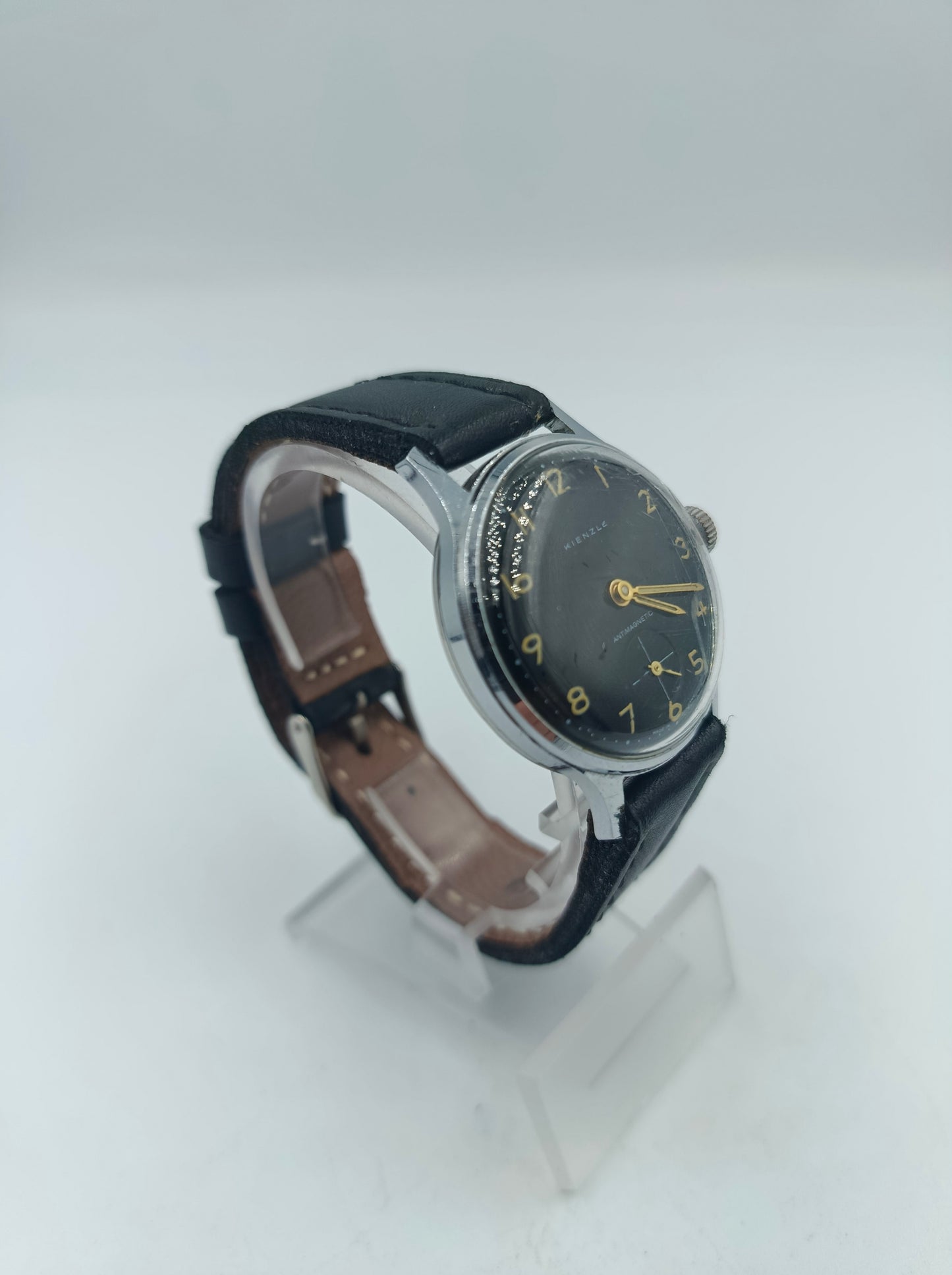 Kienzle Herren Armbanduhr Vintage Handaufzug Schwarz Gold Antimagnetic Lederband