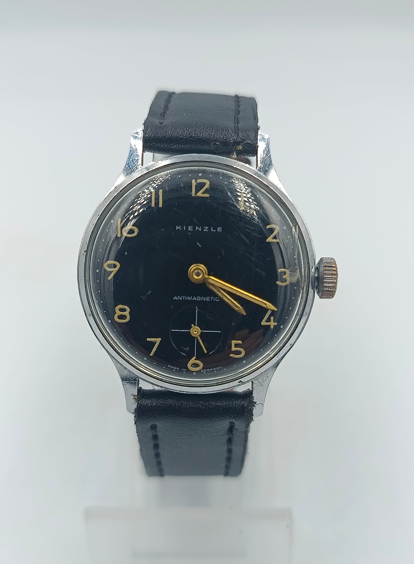 Kienzle Herren Armbanduhr Vintage Handaufzug Schwarz Gold Antimagnetic Lederband