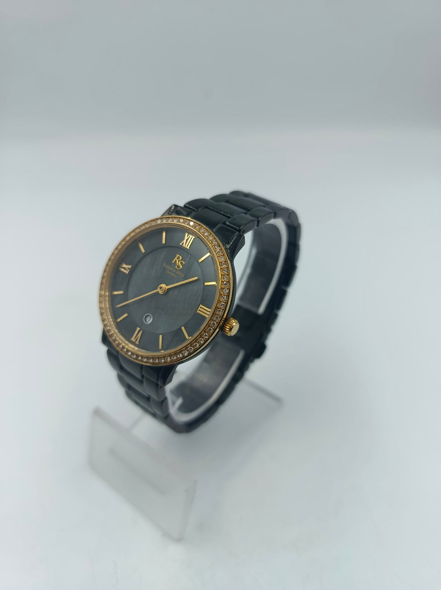 Richter & Söhne Damen Armbanduhr Quartz Schwarz Gold Strassrand Edelstahl