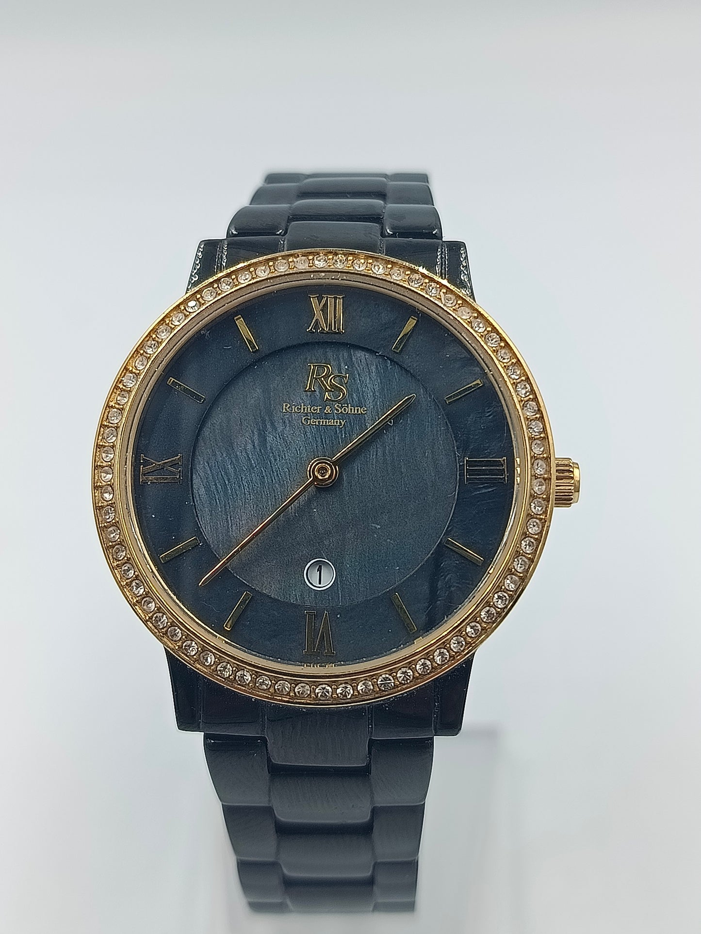 Richter & Söhne Damen Armbanduhr Quartz Schwarz Gold Strassrand Edelstahl
