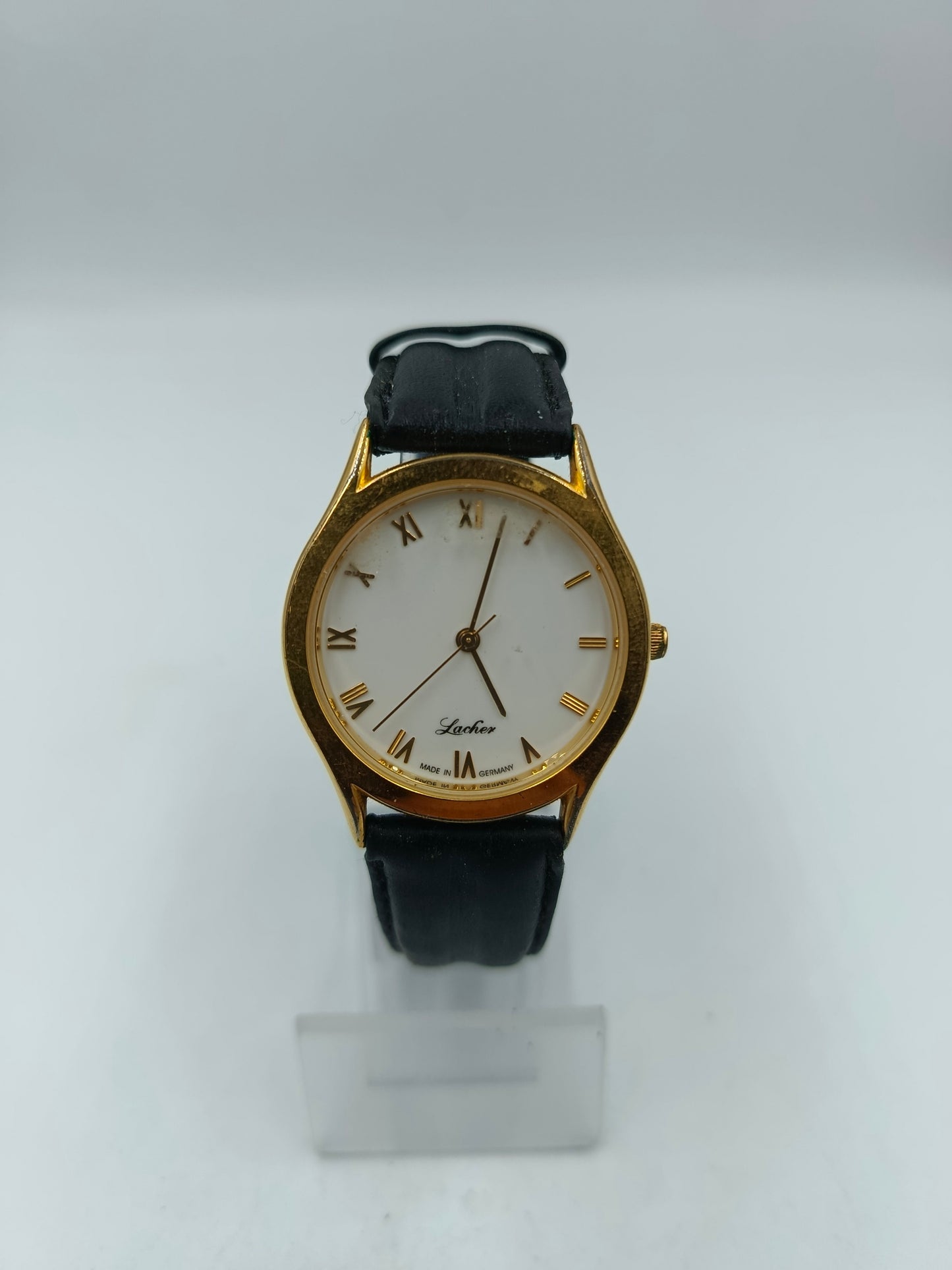 Lacher Armbanduhr Gold Weiß Schwarz Lederband Klassisch Elegant