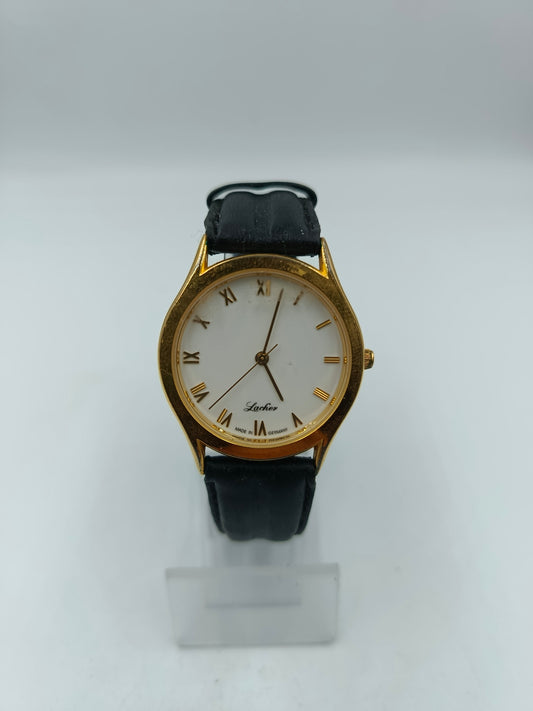 Lacher Armbanduhr Gold Weiß Schwarz Lederband Klassisch Elegant