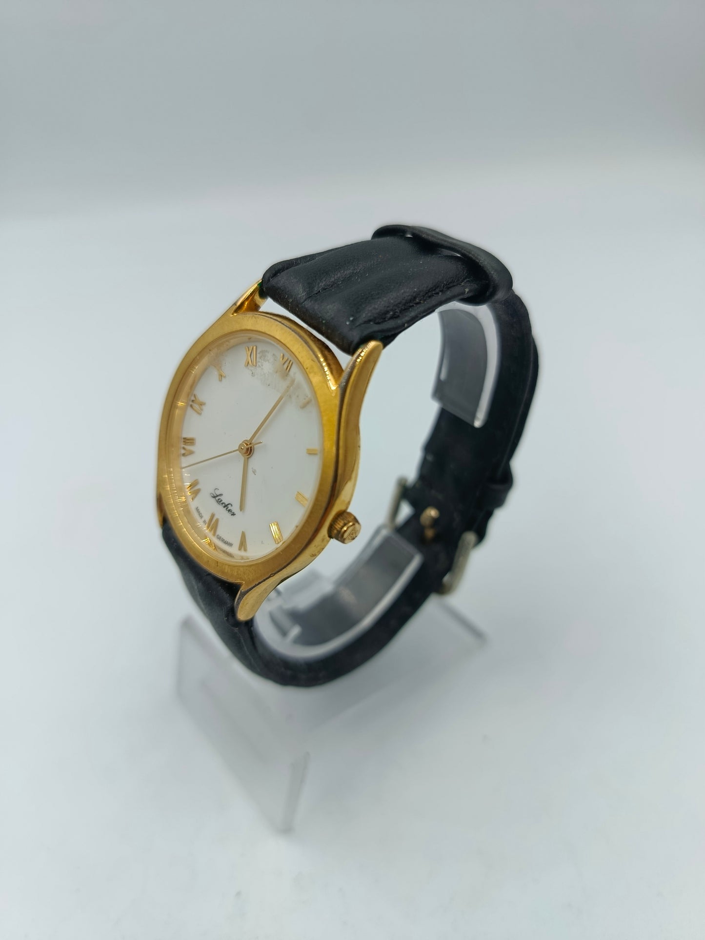 Lacher Armbanduhr Gold Weiß Schwarz Lederband Klassisch Elegant