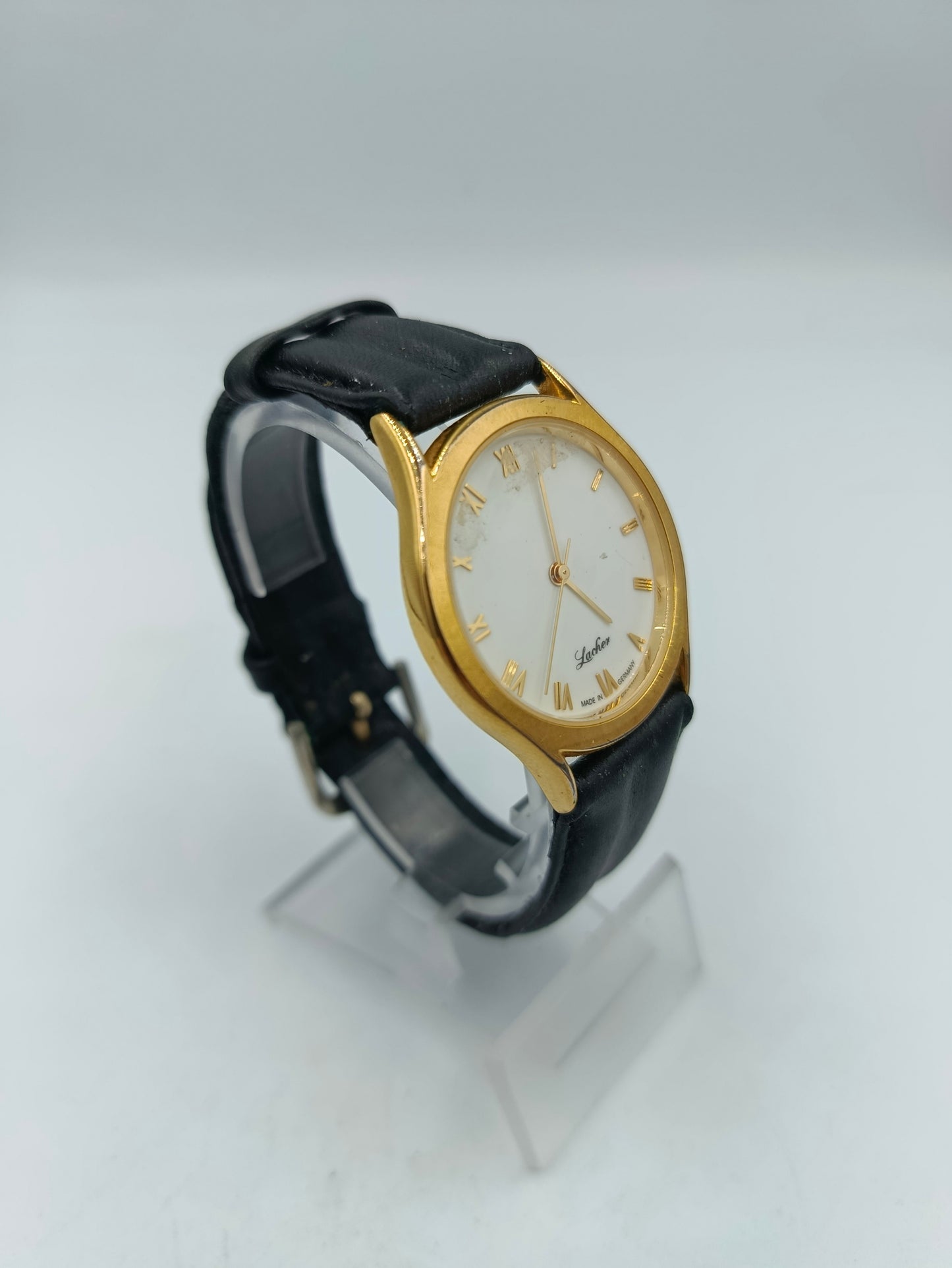 Lacher Armbanduhr Gold Weiß Schwarz Lederband Klassisch Elegant