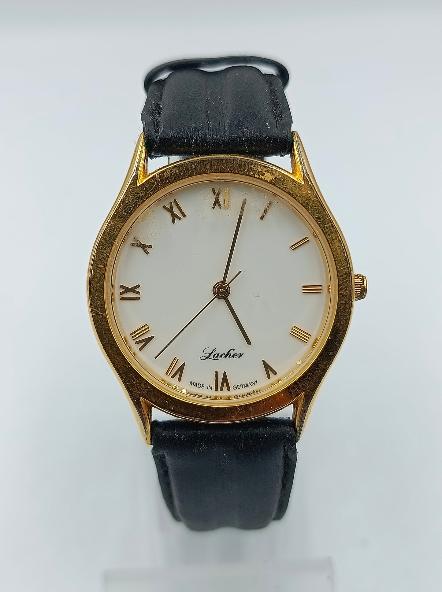 Lacher Armbanduhr Gold Weiß Schwarz Lederband Klassisch Elegant