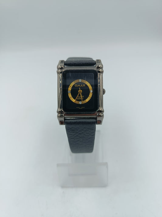 Omax Armbanduhr Schwarz Gold Rechteckig Lederband Elegant
