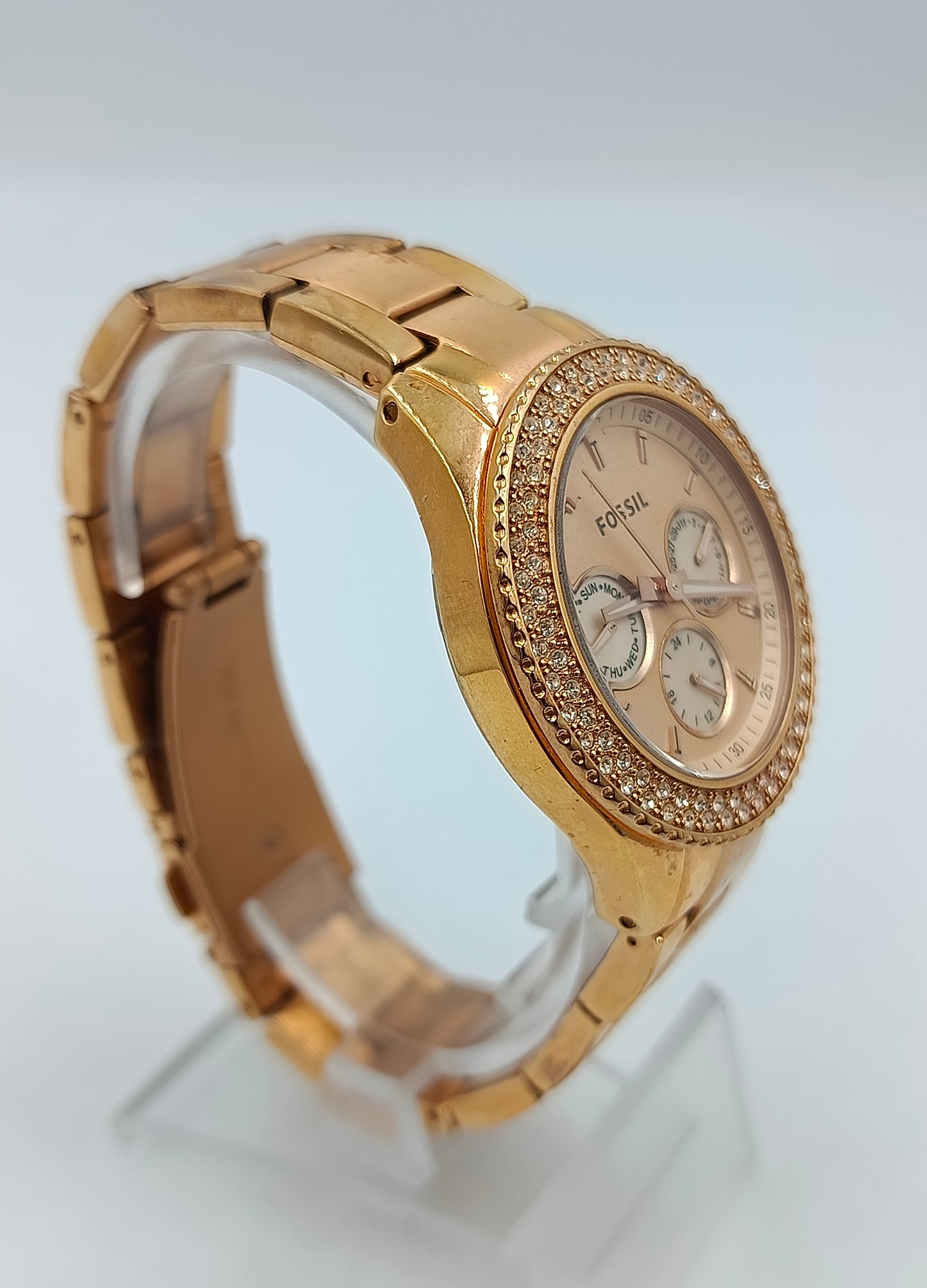 Fossil Armbanduhr Roségold Edelstahl Strass Chronograph Stilvoll
