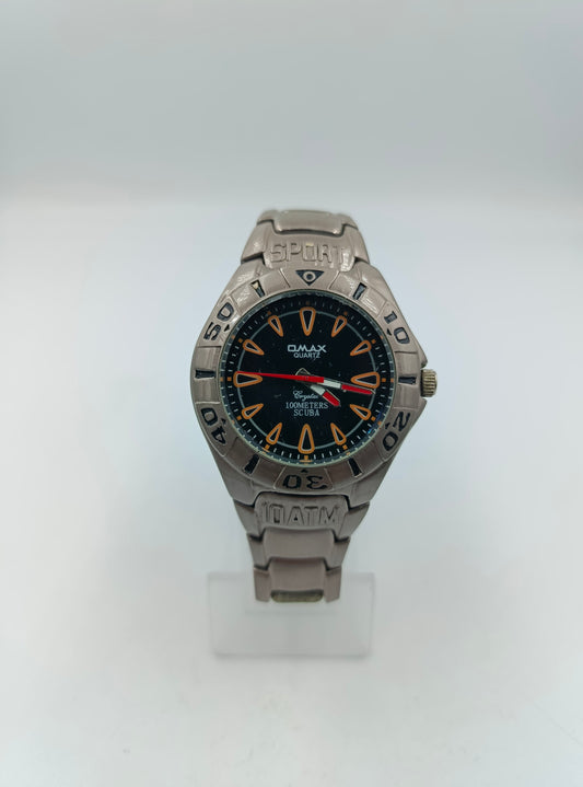 Omax Armbanduhr Sport 100M Scuba Edelstahl Schwarz Orange