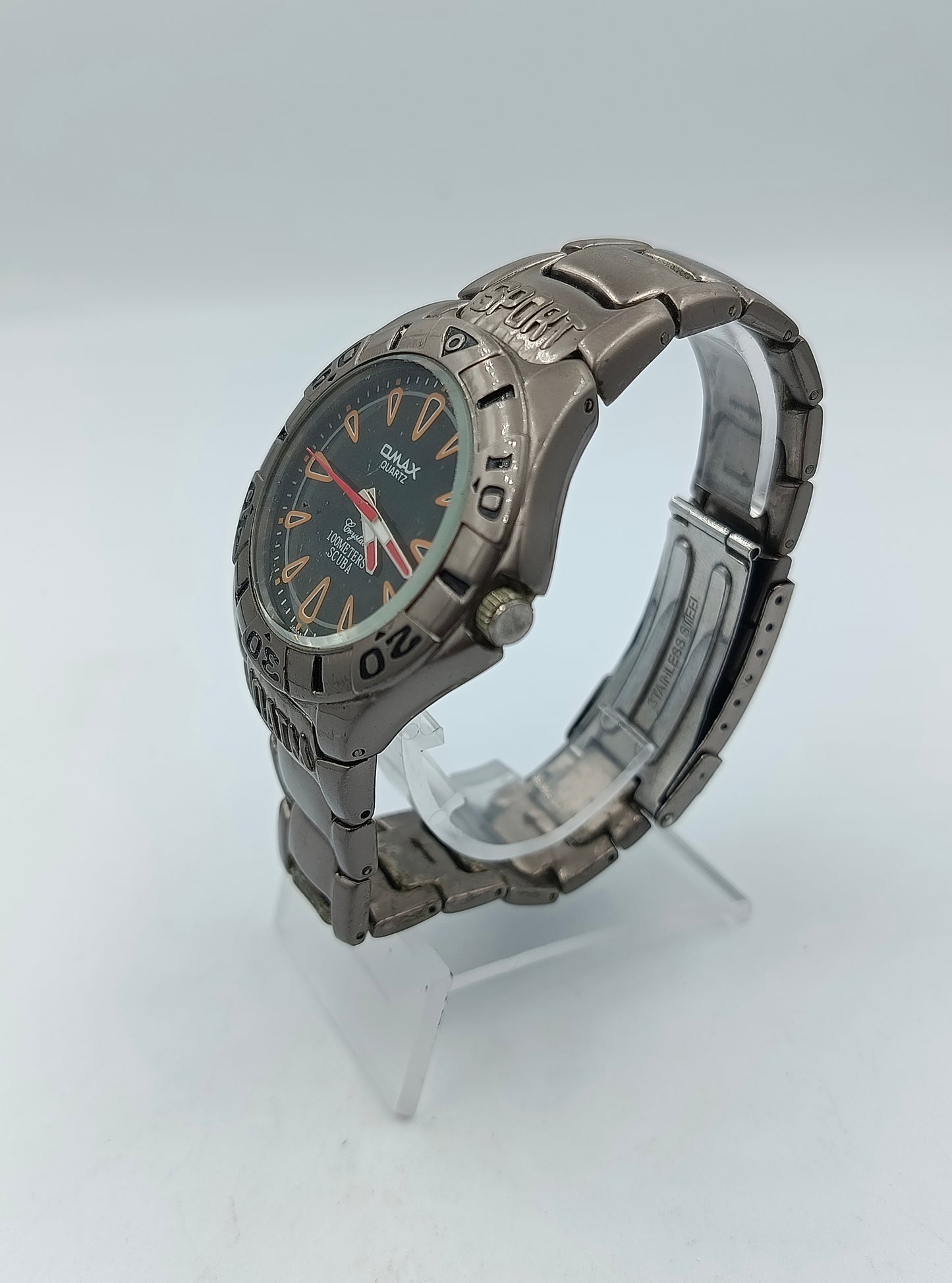 Omax Armbanduhr Sport 100M Scuba Edelstahl Schwarz Orange