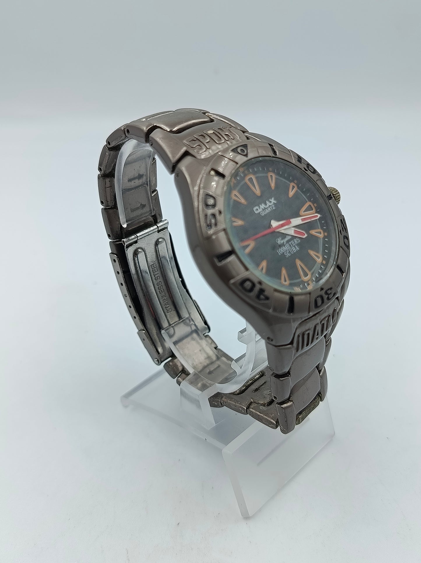 Omax Armbanduhr Sport 100M Scuba Edelstahl Schwarz Orange