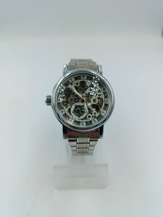 Herren Automatikuhr Silberfarben mit Skelett Zifferblatt