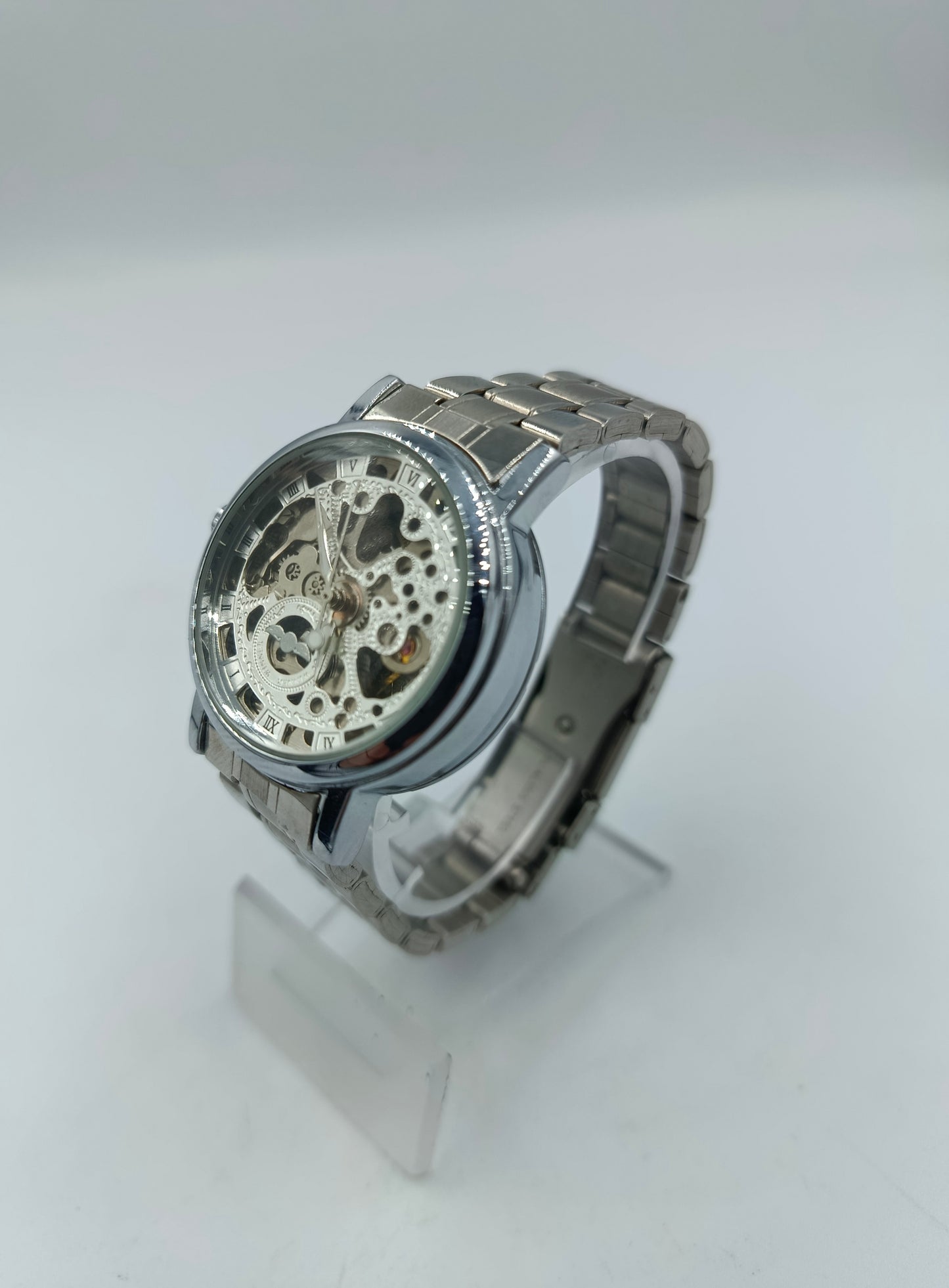 Herren Automatikuhr Silberfarben mit Skelett Zifferblatt